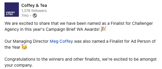 A screenshot of Coffey & Tea being nominated for an award. This is an example of social proof. 