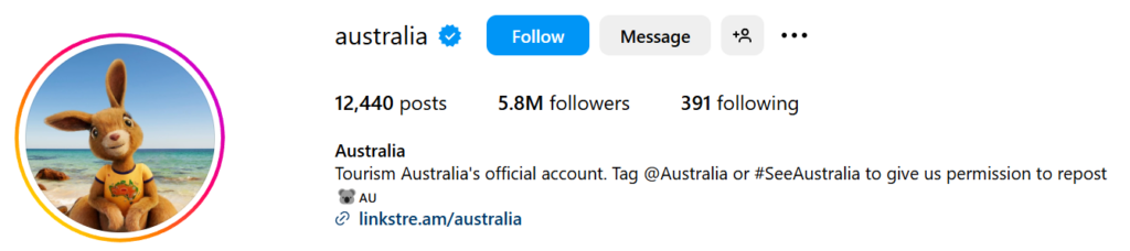 Australia's Instagram bio featuring the #SeeAustralia hashtag