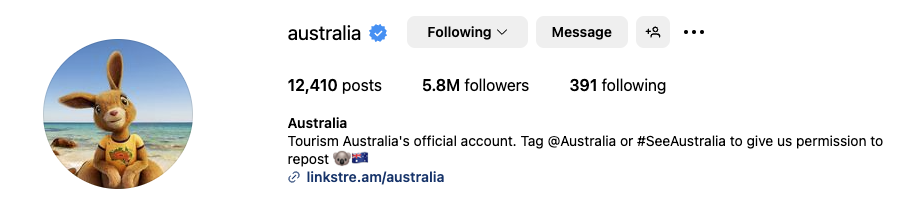 Travel hashtags featured on Tourism Australia's Instagram bio