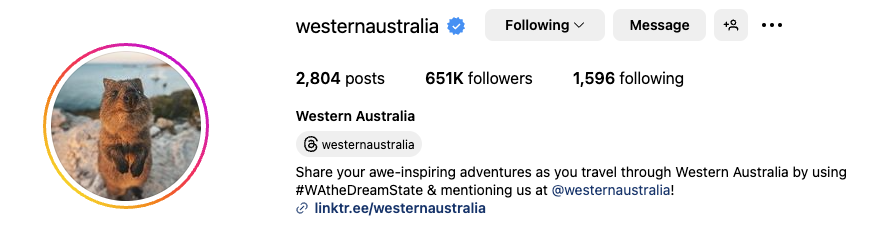 Travel hashtags featured on Western Australia's Instagram bio